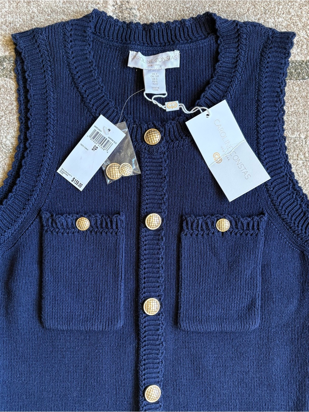 Caroline Constas navy sleeveless knit gold button sweater dress, size Small NWT - Picture 2 of 10